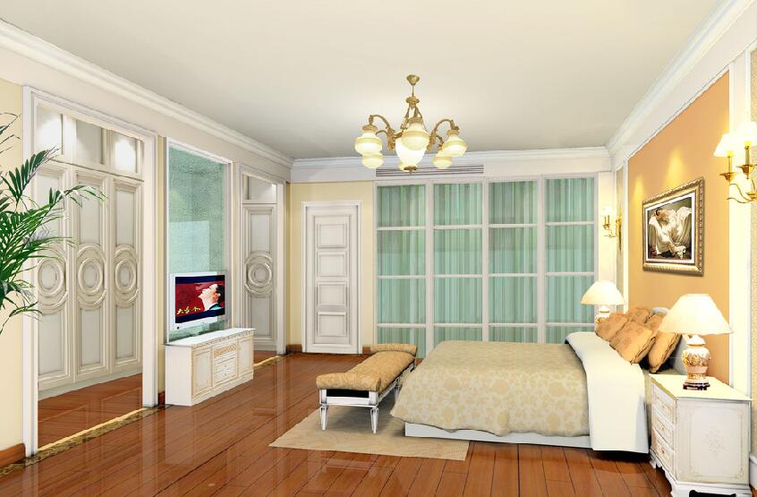 齐齐哈尔中汇城广场现代卧室红木地板嫩绿色窗帘方格窗户床尾凳效果图
